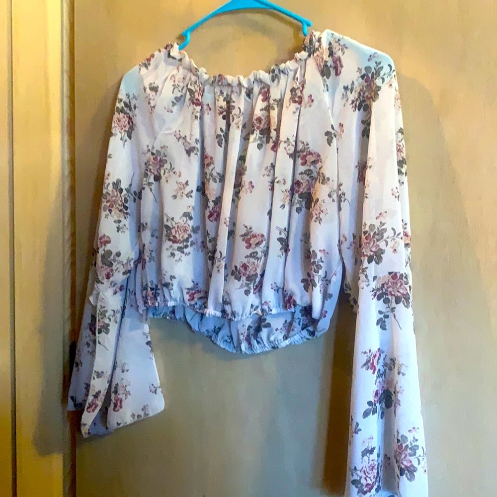 Off the shoulder sheer crop top with floral pattern